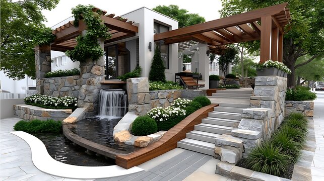 Elegant stone garden steps with wooden pergola and plants high resolution picture