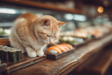 a cat that is eating sushi