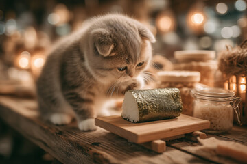 a cat that is eating sushi