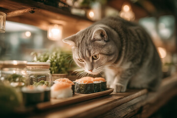 a cat that is eating sushi