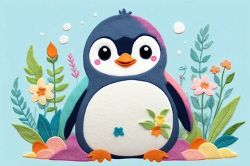 Obraz premium Colorful felt penguin surrounded by flowers and leaves on a pastel background in a playful and artistic display