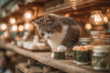 a cat that is eating sushi