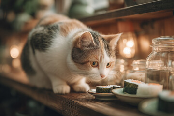 a cat that is eating sushi