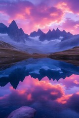 Obraz premium Mountain's Majesty: A stunning landscape of majestic mountain peaks reflects in a serene lake.