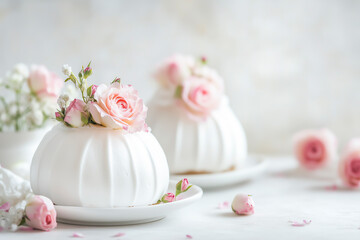Elegant mini pavlova desserts topped with pink roses and delicate flowers. 