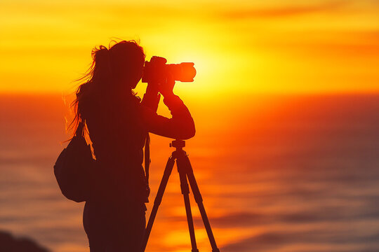 Woman adjusting a camera on a tripod silhouette