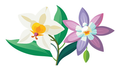 Naklejka premium Elegant white and purple flowers with green leaves