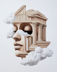 Surreal architectural and face composition with neoclassical elements and soft clouds