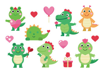Obraz premium Adorable Cartoon Dinosaurs and Frogs Celebrating Valentine's Day Cute Illustrations