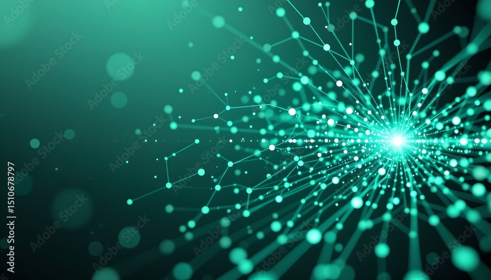 Fototapete abstract 3d rendered technology network concept with connection dots, positioned on the right with mint green tones, clear copy space on the left for text or graphics.