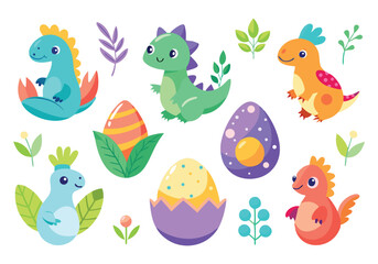 Naklejka premium Adorable Baby Dinosaurs and Easter Eggs Cute Cartoon Illustration Set