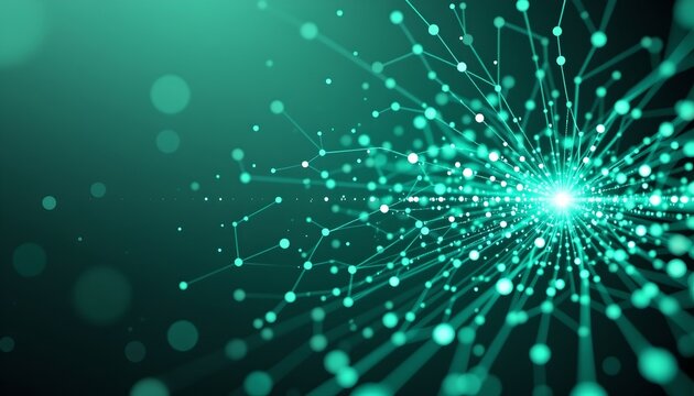 abstract 3d rendered technology network concept with connection dots, positioned on the right with mint green tones, clear copy space on the left for text or graphics.