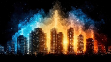 Naklejka premium Fiery Night Cityscape: Burning Buildings and Smoke Under a Starry Sky
