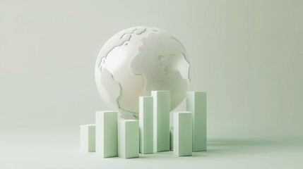 Global growth, white earth globe with pale green bar chart on light green background.