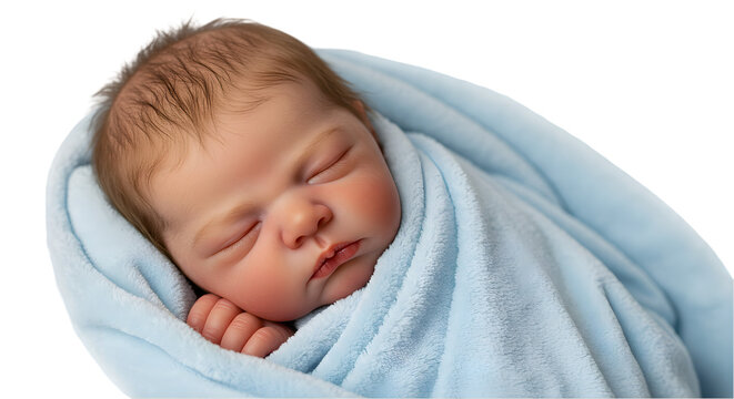 Realistic reborn baby sleeping wrapped in a soft blue blanket, serene expression and rosy cheeks
