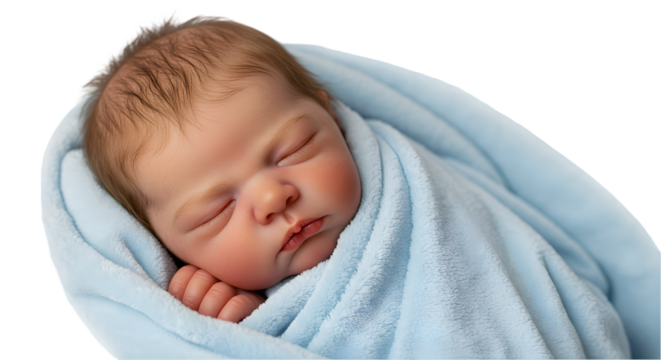 Realistic reborn baby sleeping wrapped in a soft blue blanket, serene expression and rosy cheeks