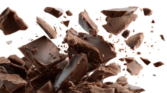 Chocolate shards with smooth texture scattered on transparent background


