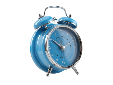 A vibrant blue alarm clock, with classic styling and metallic accents, sits prominently against a clean background, ready to mark the start of a new day.