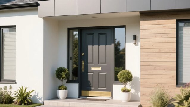 Elegant modern house entrance with potted plants, showcasing minimalist design and natural harmony.	