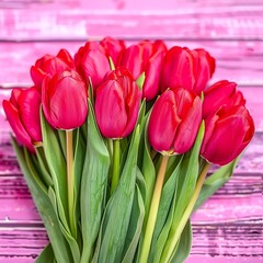 A beautiful bouquet of vibrant red tulips against a pink wooden backdrop