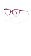 Stylish pink cat-eye eyeglasses frame isolated on white background with reflection – modern optical fashion packshot