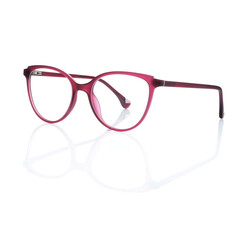 Stylish pink cat-eye eyeglasses frame isolated on white background with reflection – modern optical fashion packshot