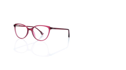 Stylish pink cat-eye eyeglasses frame isolated on white background with reflection – modern optical fashion packshot