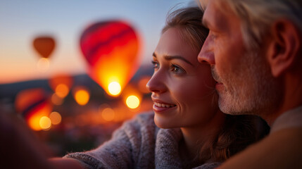 Romantisches Paar umarmt sich bei Sonnenuntergang mit Heißluftballons im Hintergrund