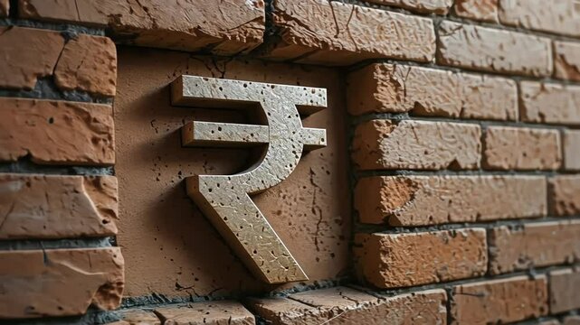 Rupee symbol embedded in a brick wall, representing strong economic foundations and national financial infrastructure