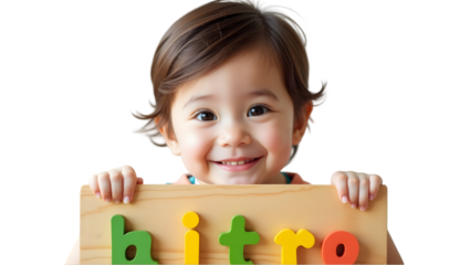 Smiling child holding a board with colorful alphabet letters