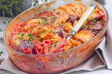 Au gratin with sweet potato, parsnips, beet root and melted cheese, in glass dish, horizontal