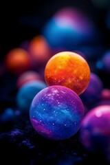 Celestial Spheres: A captivating close-up showcases a vibrant assortment of celestial spheres, each sphere a miniature cosmos of swirling colors and cosmic wonders. Evoking a sense of awe.