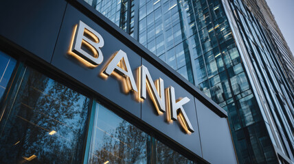 Modern Bank Building Facade Golden Sign Letters Glass Architecture Commercial Financial Institution Exterior Urban Business