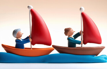 Colorful clay figurines sailing a toy boat with bright sails on a blue sea background. Fun, playful, and creative scene.