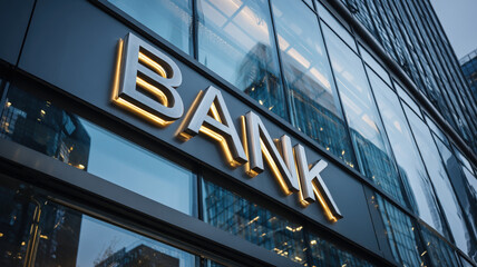 Modern Bank Building Facade Golden Sign Letters Glass Architecture Commercial Financial Institution Exterior Urban Business