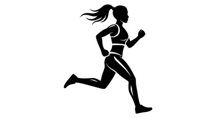 Dynamic black icon of a lady jogging mid-stride, with her ponytail swinging, symbolizing an active, healthy, and energetic lifestyle.