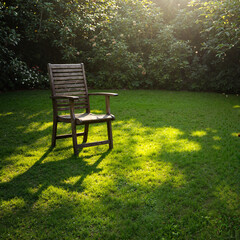 Fototapeta premium Garden chair on trimmed grass in sunlight with greenery backdrop 