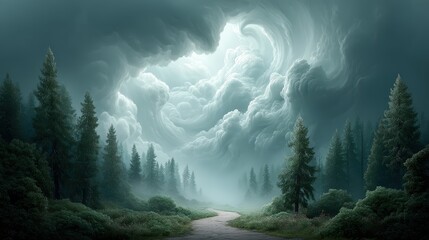 A stormy sky with swirling magical winds tearing through an enchanted forest, bending towering trees and illuminating glowing runes hidden among the branches