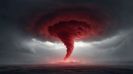 A swirling tornado infused with fiery magic spinning above a desolate fantasy wasteland, casting eerie red light and smoke across the barren terrain