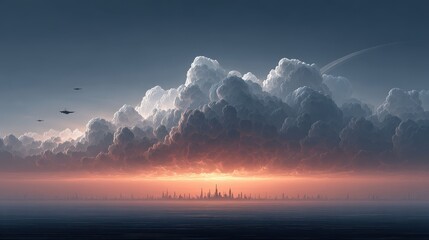 A vast sci-fi sky glowing with bioluminescent clouds and hovering spaceships, setting an otherworldly tone over a futuristic metropolis at dusk