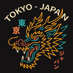 Tokyo dragon neon style illustration, glowing lines. Japanese text meaning Tokyo Japan