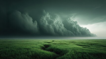 A wide landscape under a glowing green storm sky, heavy clouds building with intensity, the tension of the approaching storm palpable in the charged atmosphere