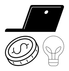 Laptop, coin with dollar sign, and light bulb emphasize technology, finance, and innovation. Ideal for startup, online business, e-commerce, creativity investment entrepreneurship simple landing