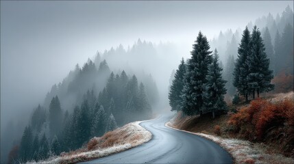 A winding road disappearing into a dense fog on a chilly morning, trees lined along the misty path