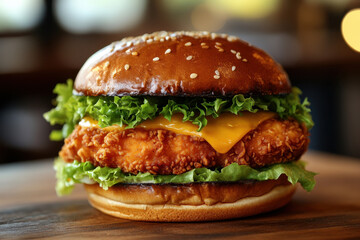 Chicken sandwich with lettuce, tomato, and pickles on a sesame seed bun.