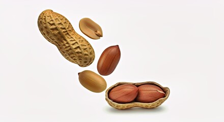 A single peanut captured mid-fall, perfectly isolated on a white background with a clipping path and full depth of field, showcasing its natural form.