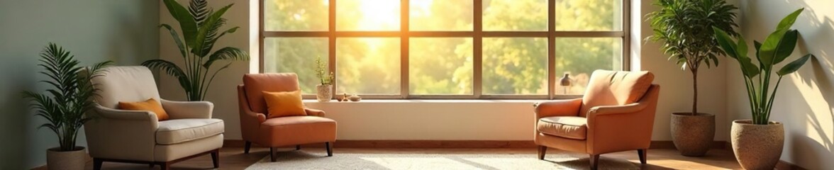 A serene and inviting therapy office Sunlight streams through a large window, illuminating a comfortable, stylish space designed for healing and well-being , mental health, space