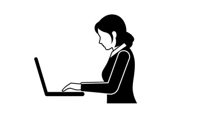 A clear icon of a professional woman intently typing at a laptop, highlighting focused work, concentration, and digital productivity.