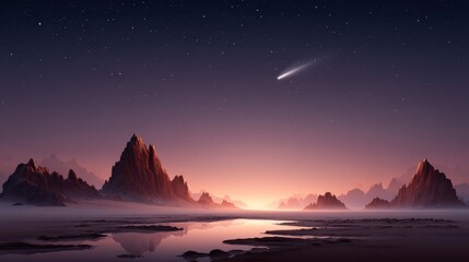 Alien sky filled with glowing rings and floating debris, a bright comet streaking across the starry purple horizon above a desert with alien rock formations