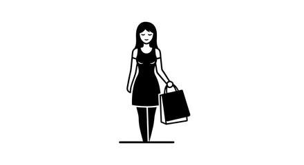 A minimalist black icon of a lady shopping, confidently holding a tote bag, representing retail, consumerism, and modern lifestyle.